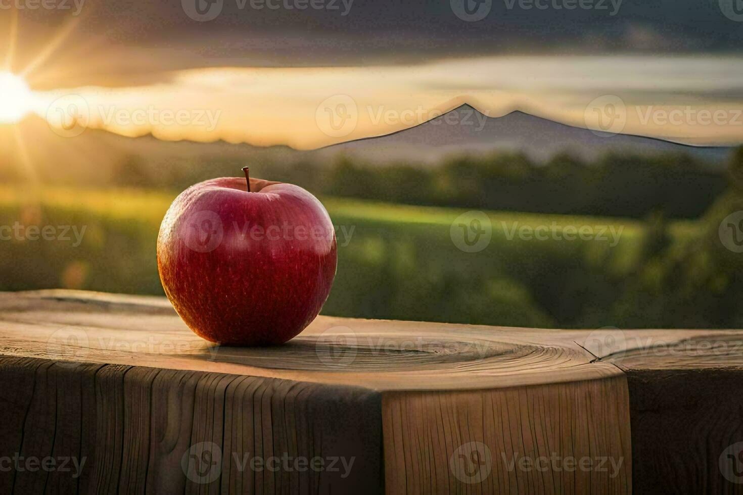an apple sits on a wooden table in front of a mountain. AI-Generated photo