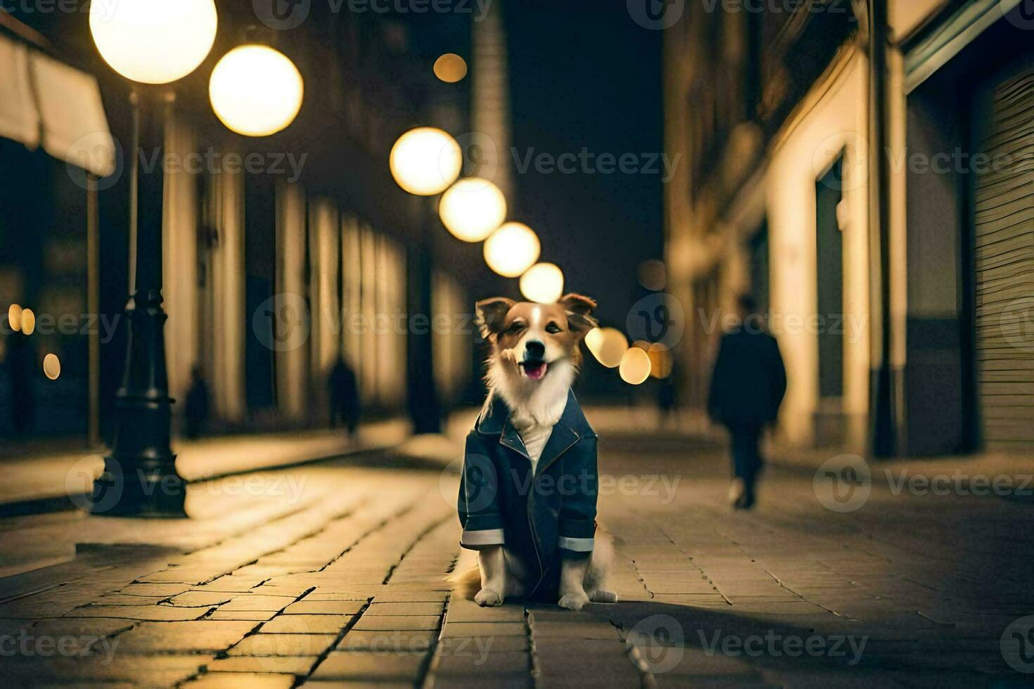 a dog in a suit standing on a street at night. AI-Generated photo