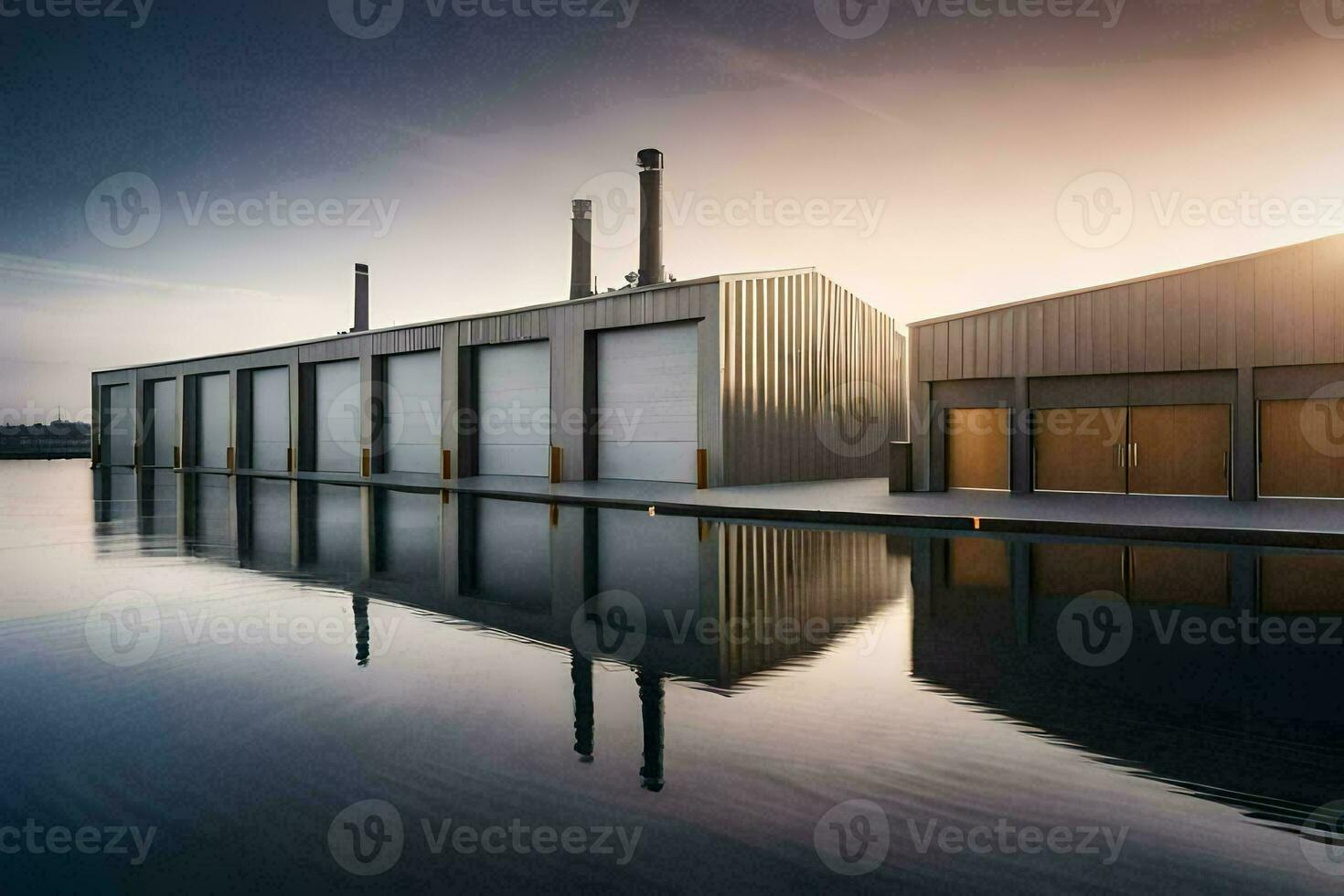 a factory building with a dock and water. AI-Generated photo