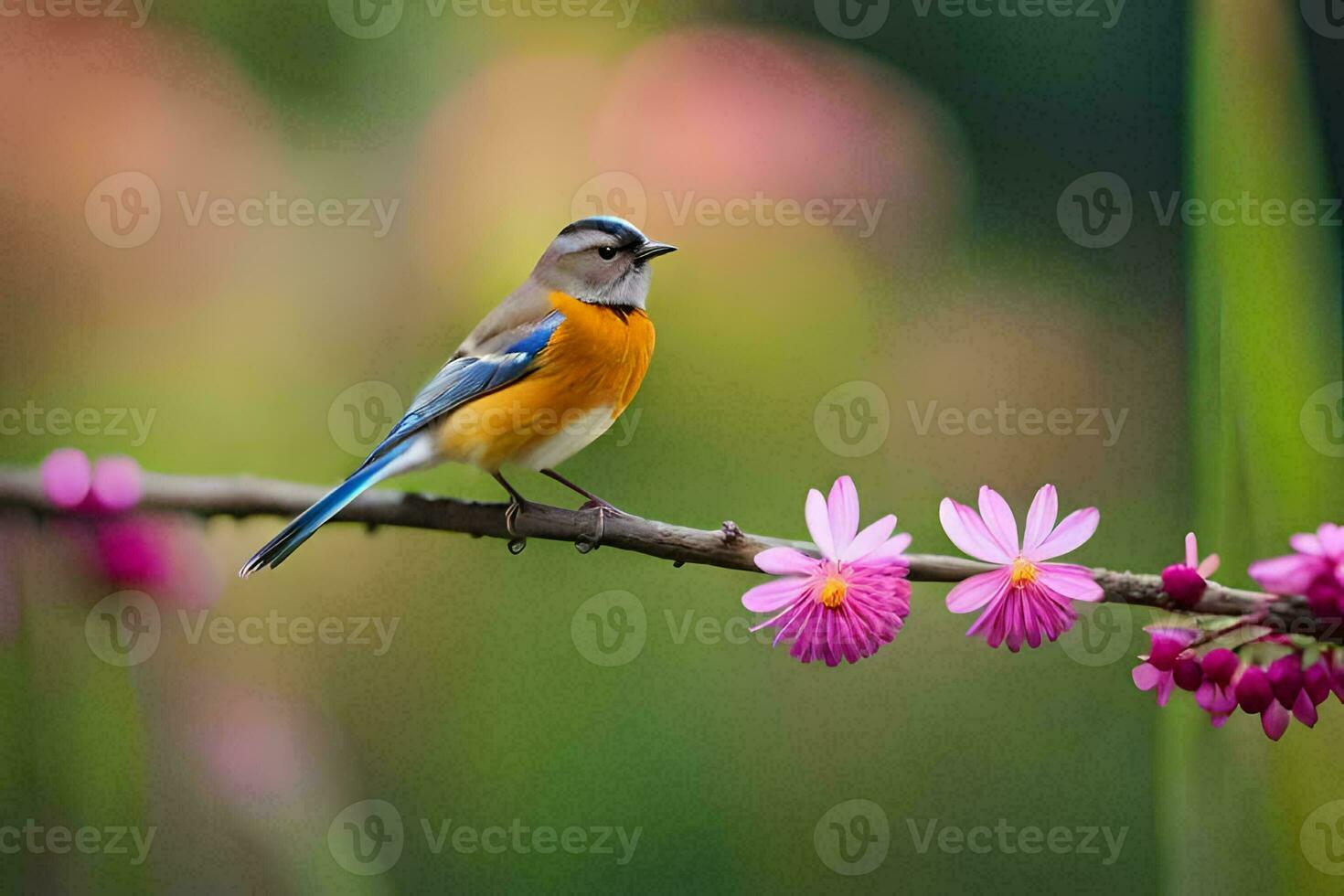 a blue and orange bird sits on a branch with pink flowers. AI-Generated photo