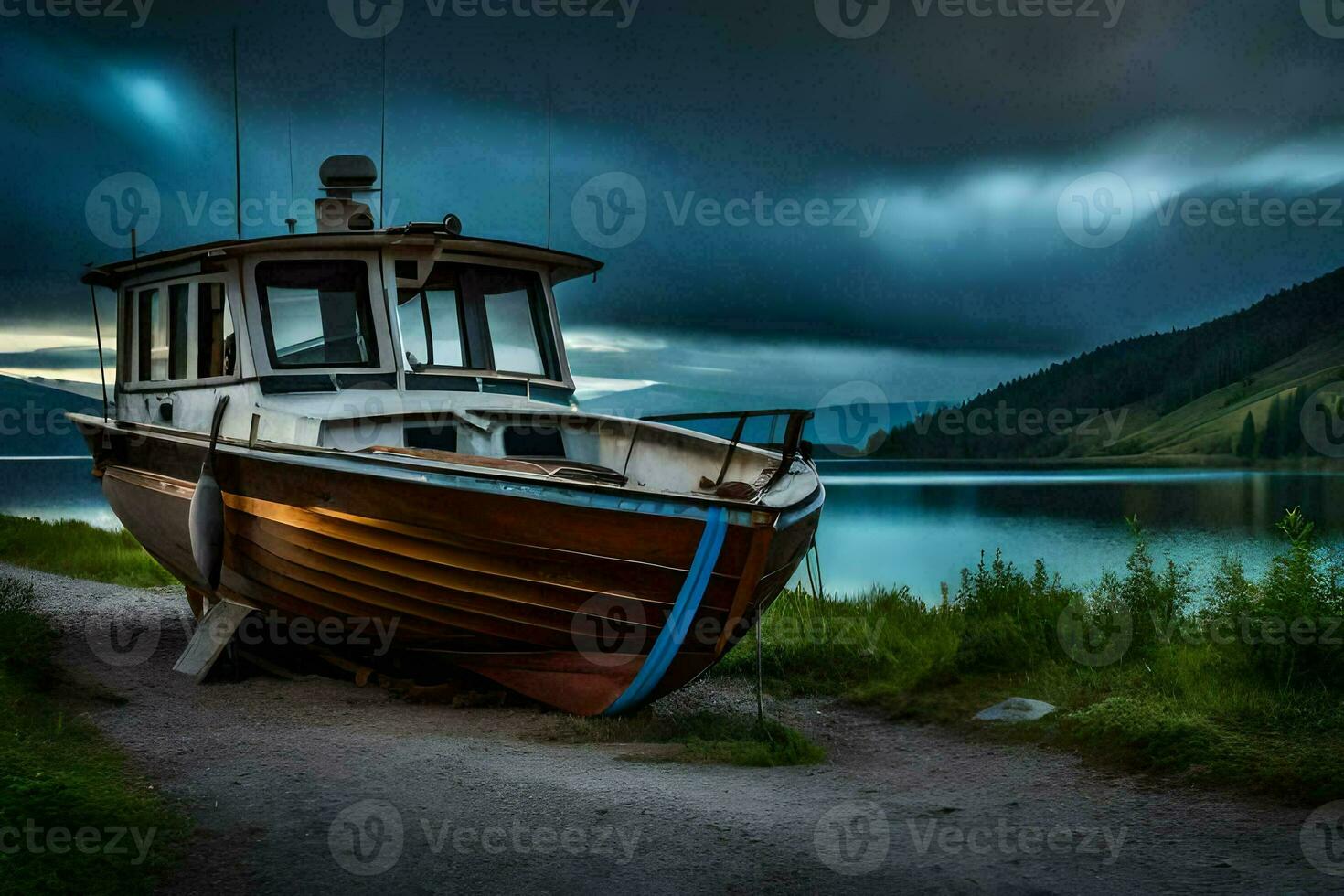 un barco se sienta en el apuntalar de un lago. generado por ai foto