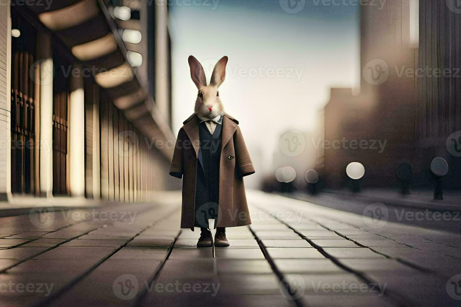 a rabbit wearing a coat and tie standing on a street. AI-Generated photo