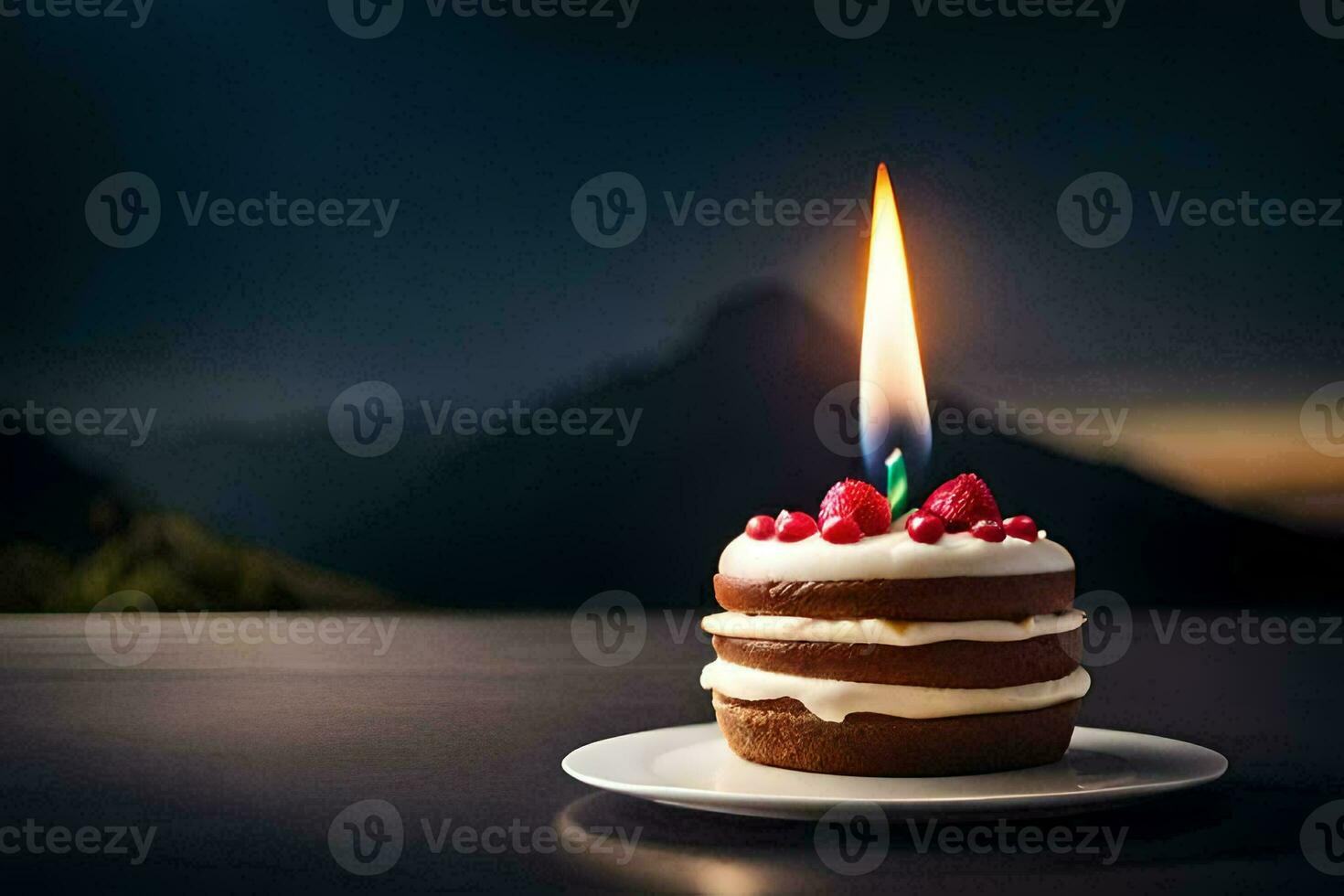 a single candle on a cake with a mountain in the background. AI-Generated photo