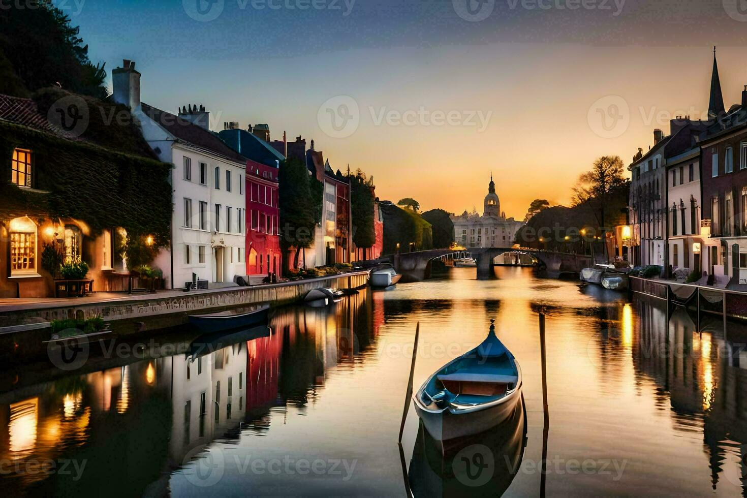 un barco es atracado en un canal a puesta de sol. generado por ai foto