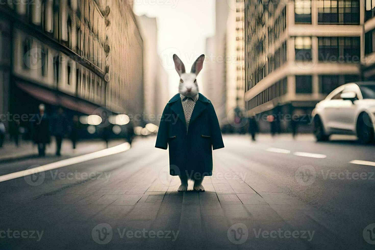 a rabbit wearing a coat and standing in the middle of a city street. AI-Generated photo