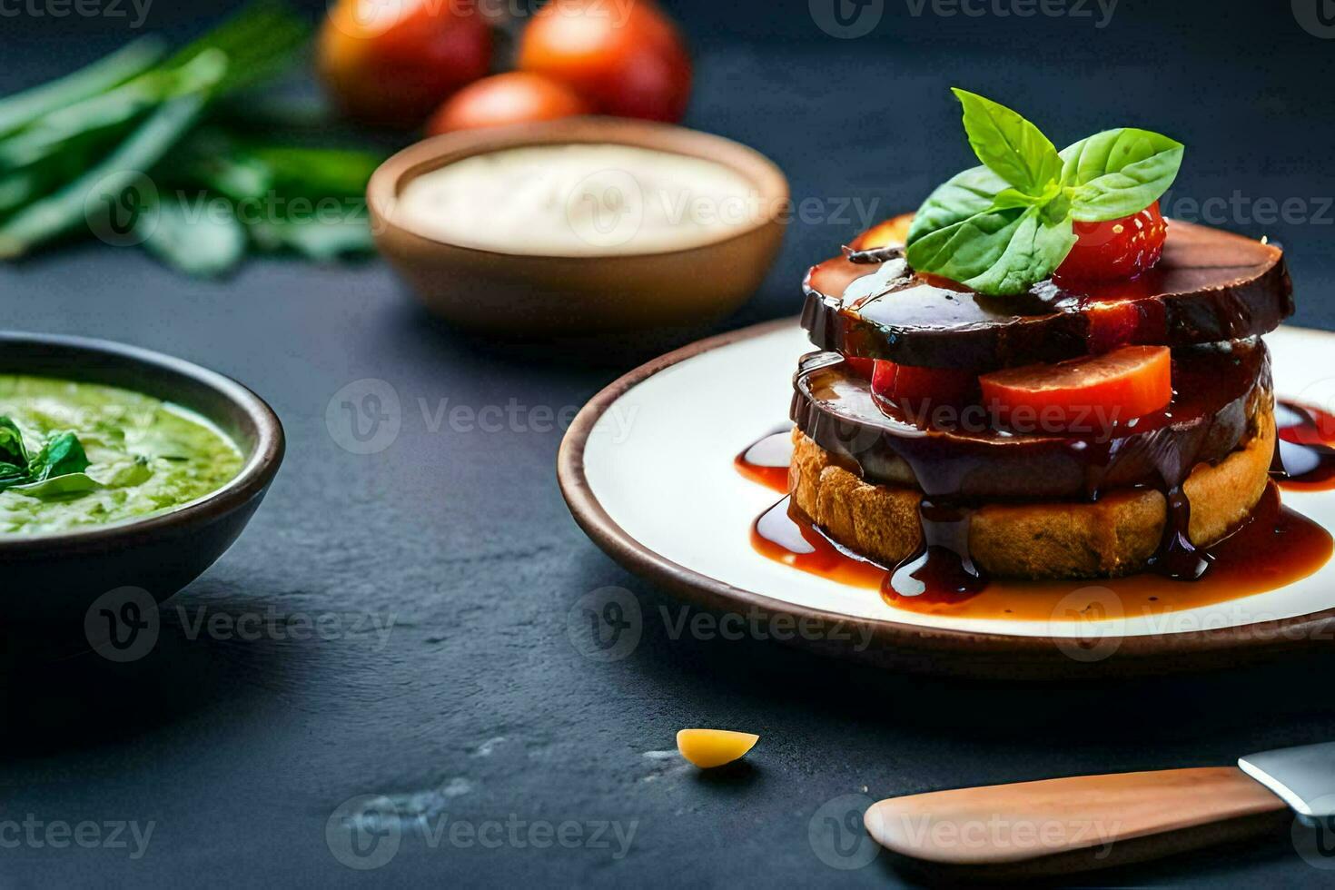 a plate with a sandwich and sauce on it. AI-Generated photo