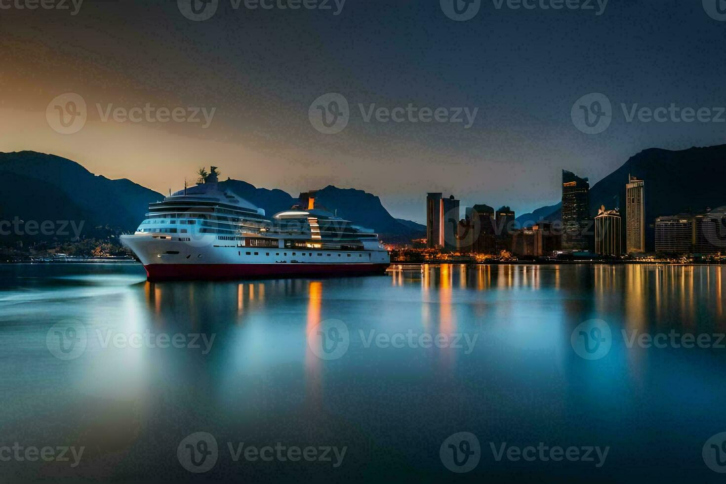 un crucero Embarcacion en el agua a noche. generado por ai foto