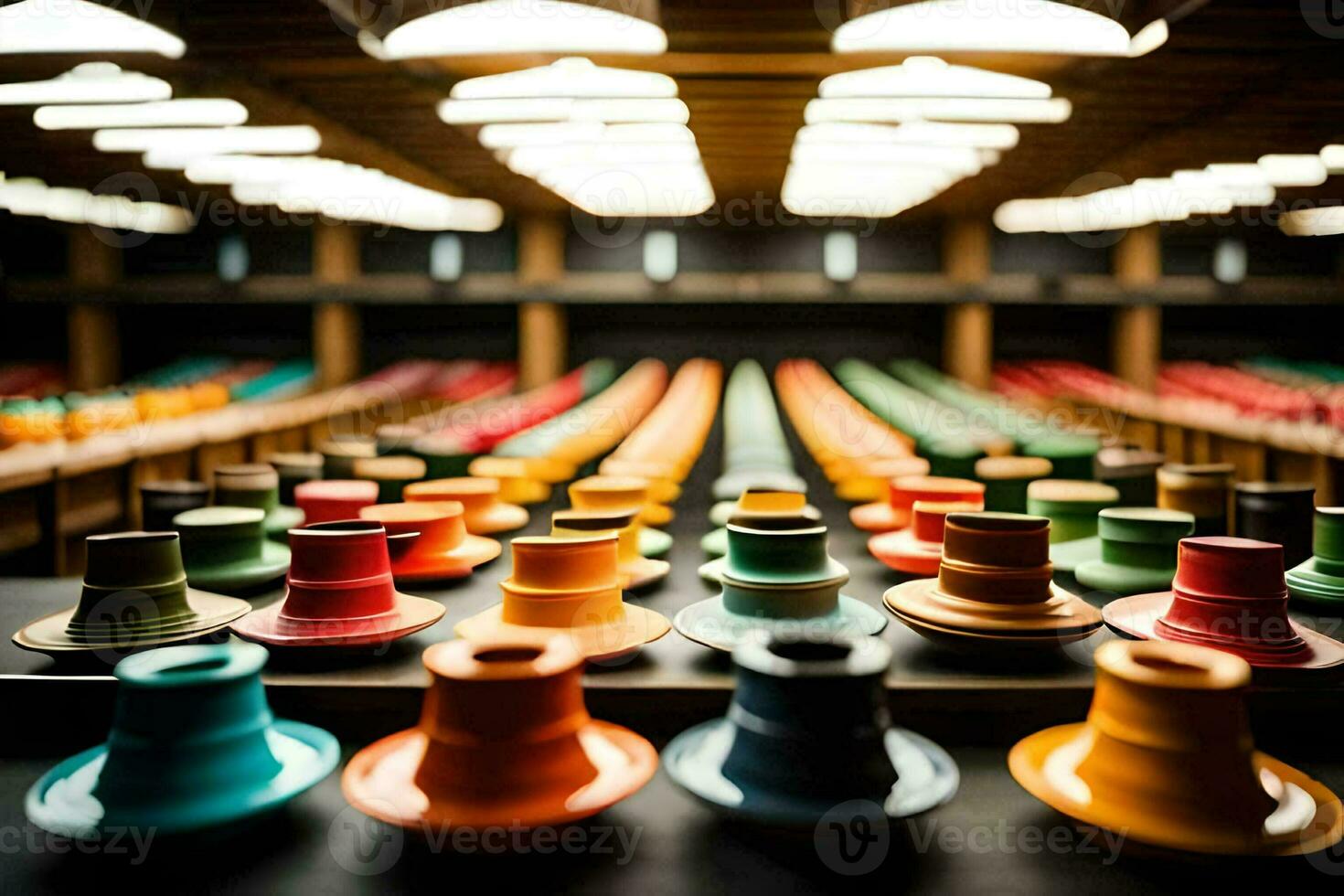 colorful vases are lined up in a room. AI-Generated photo