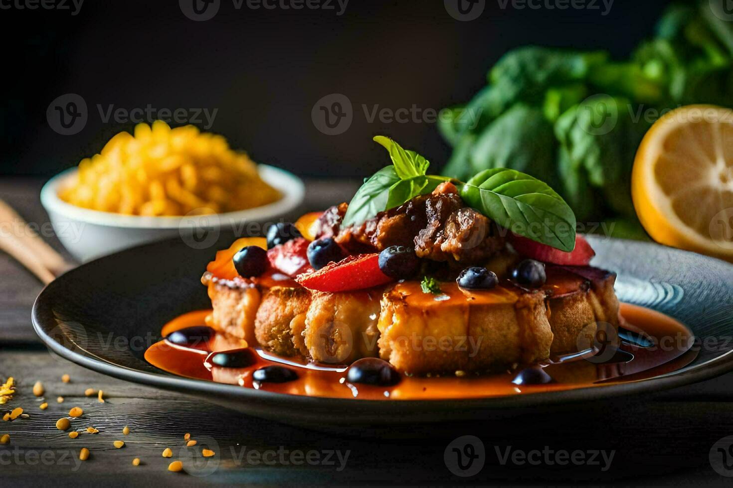the food is served on a plate with a fork and a knife. AI-Generated photo