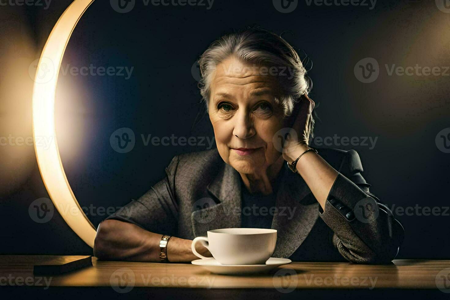 an older woman sitting at a table with a cup of coffee. AI-Generated photo