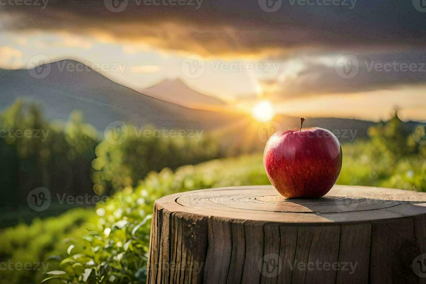 a red apple on a stump in the mountains. AI-Generated photo