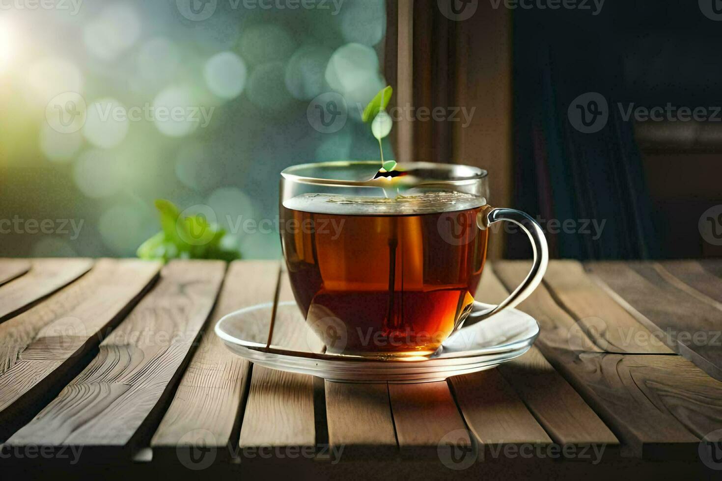 un taza de té en un de madera mesa. generado por ai foto