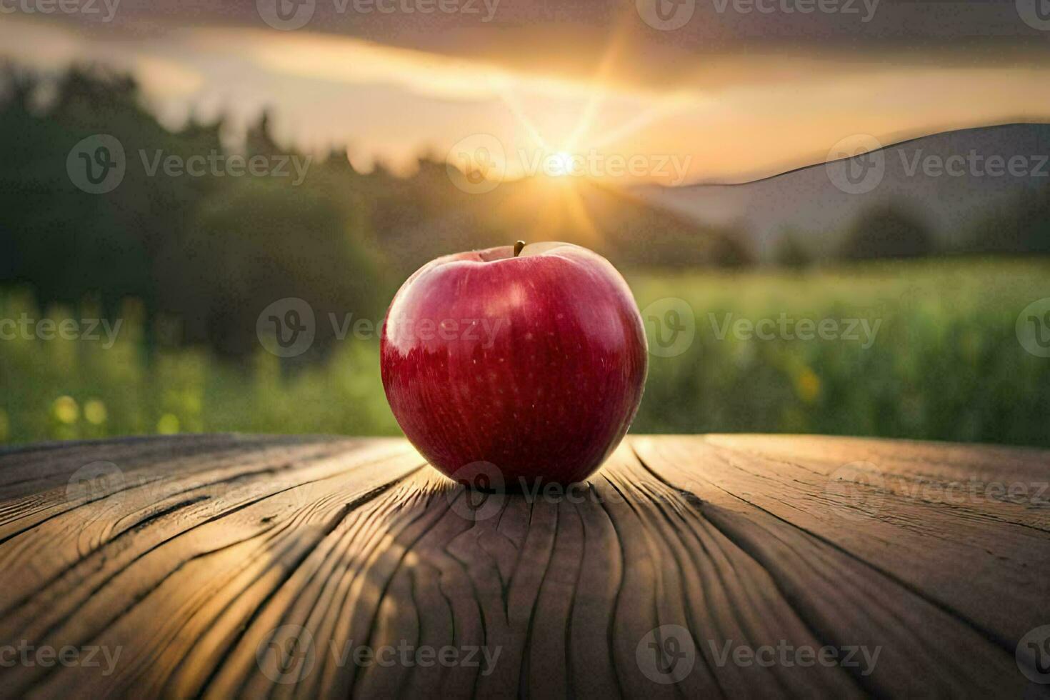 an apple sits on a wooden table in front of a sunset. AI-Generated photo
