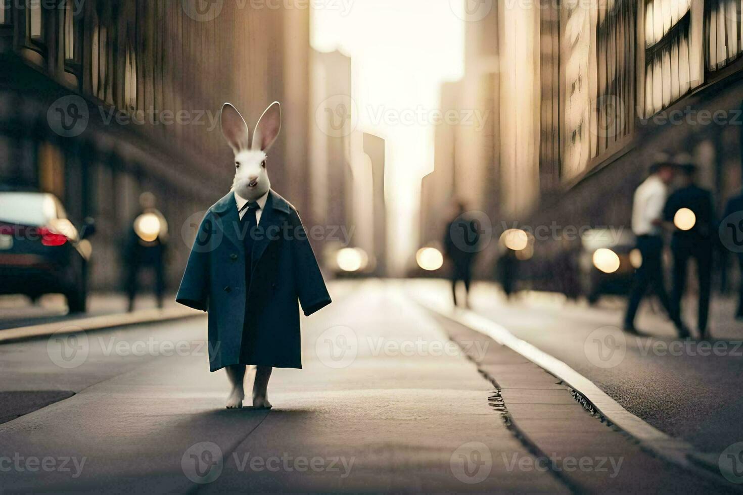 a rabbit dressed in a suit and tie is walking down a city street. AI-Generated photo