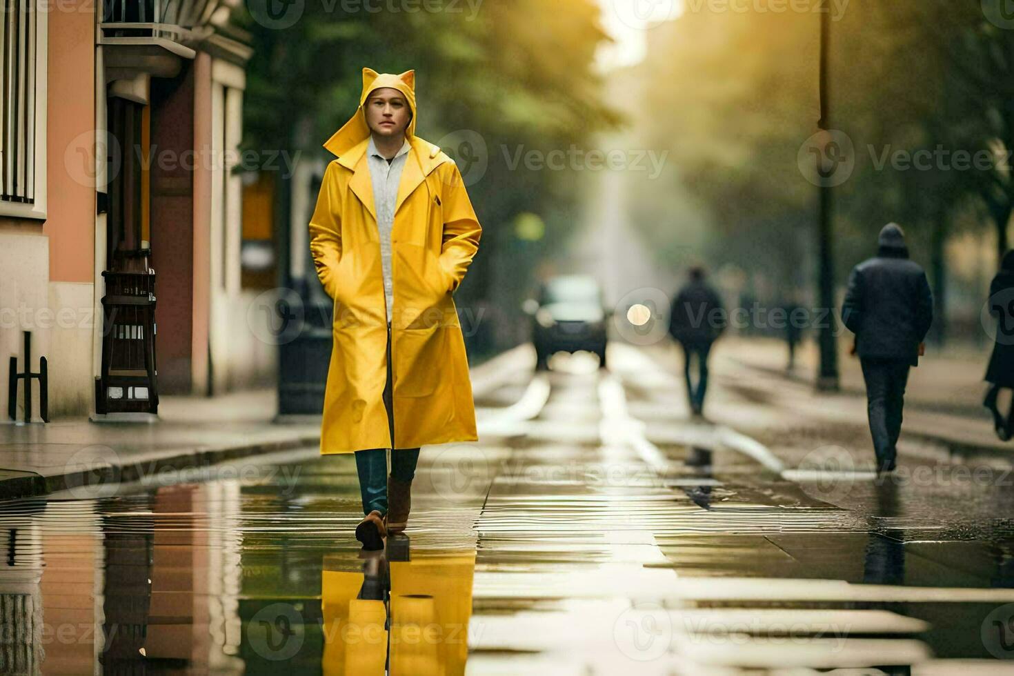 a man in a yellow raincoat walking down a street. AI-Generated photo