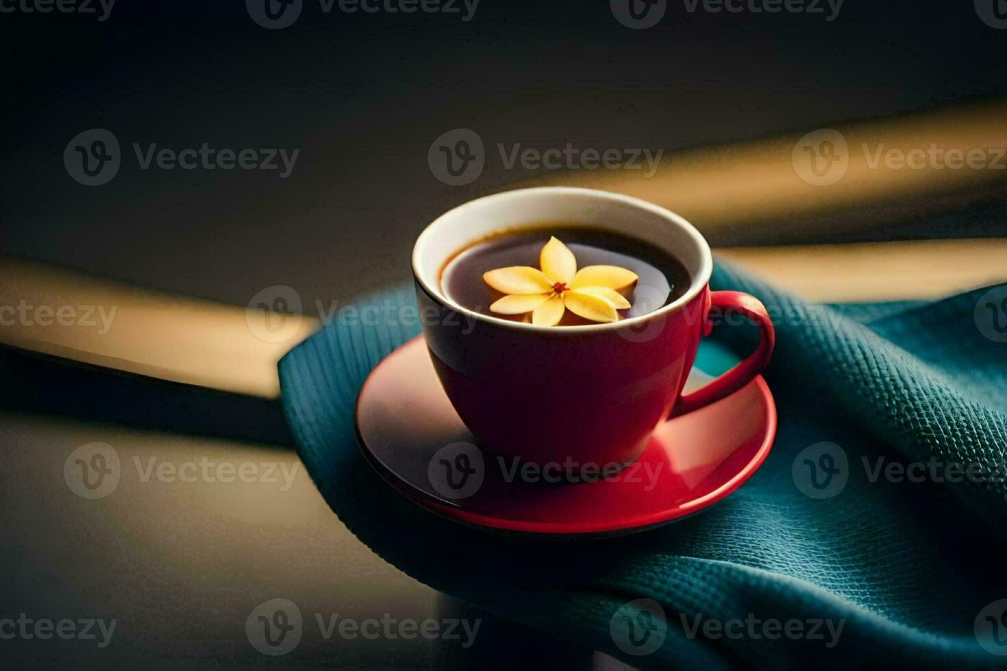 un taza de café con un flor en él. generado por ai foto
