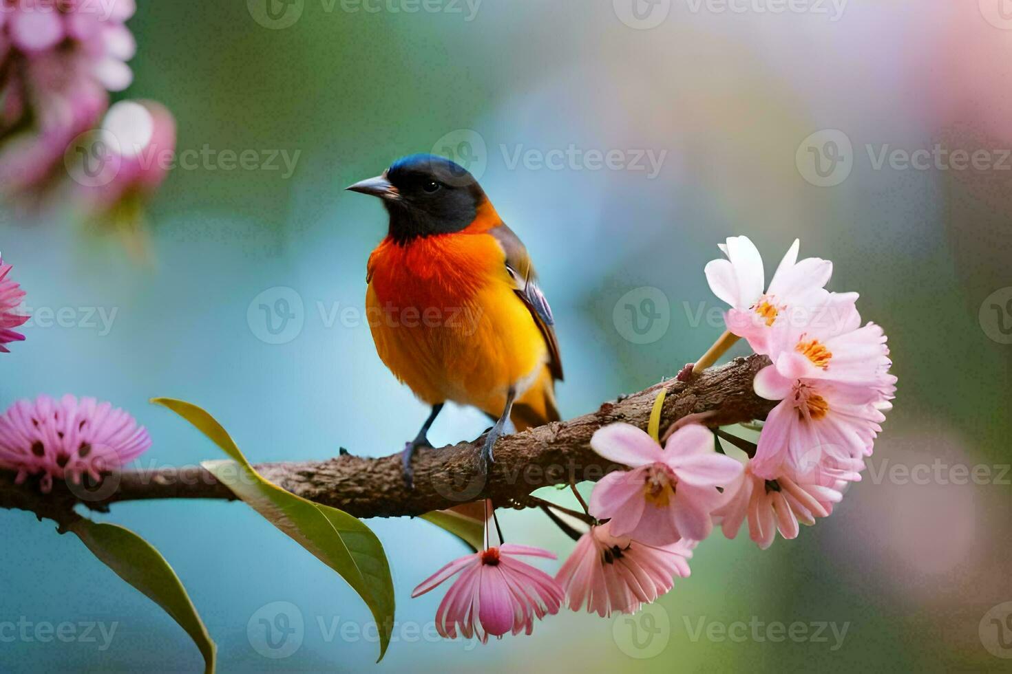 a colorful bird sits on a branch with pink flowers. AI-Generated photo
