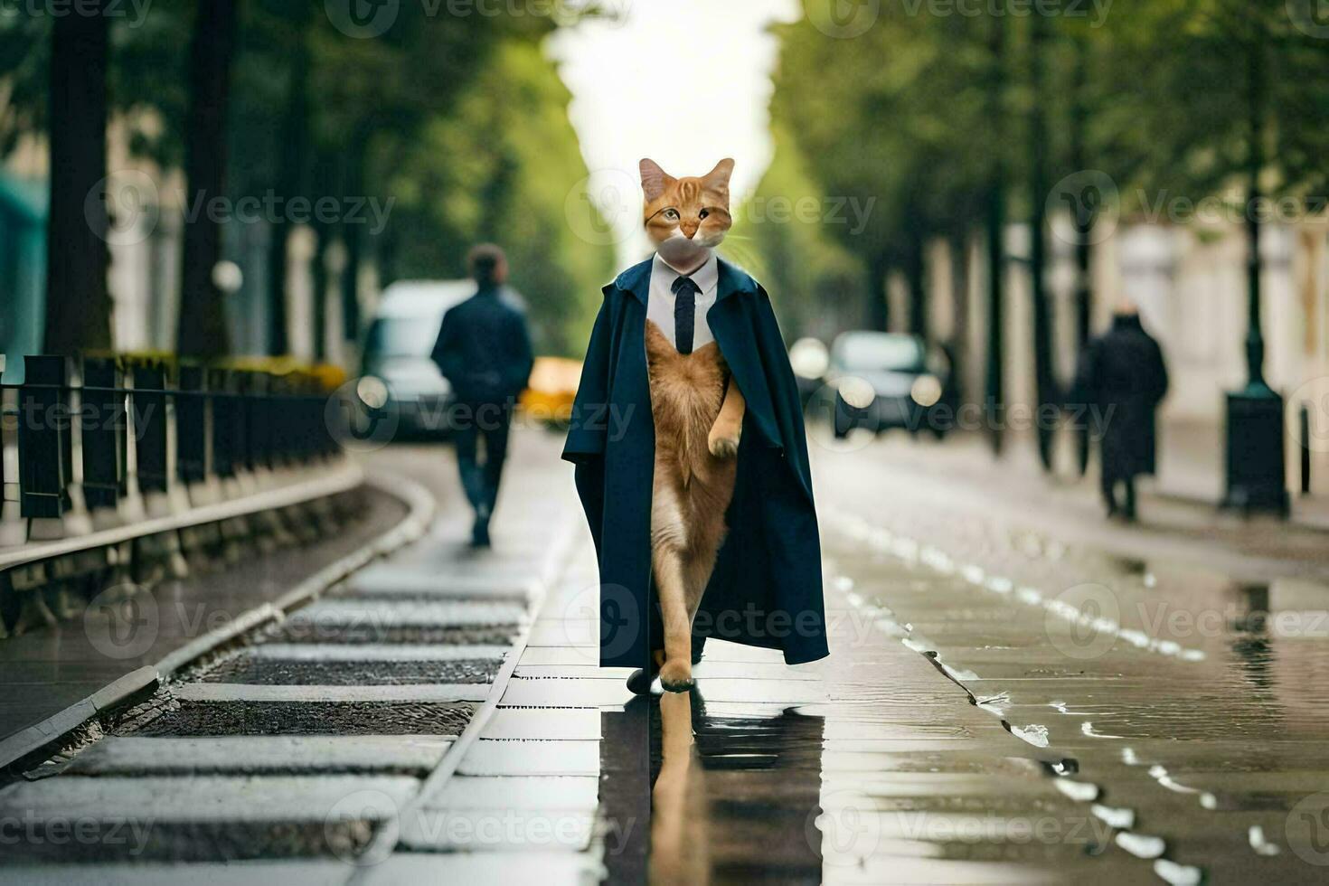 a cat dressed in a suit and tie walking down a street. AI-Generated photo