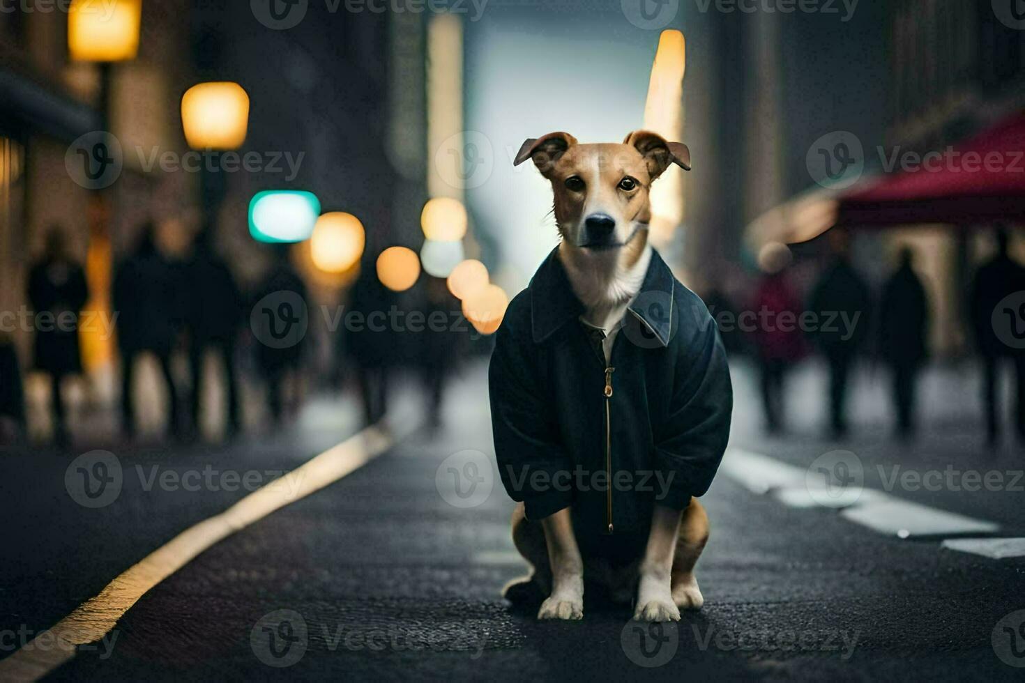 un perro vistiendo un chaqueta se sienta en el calle a noche. generado por ai foto