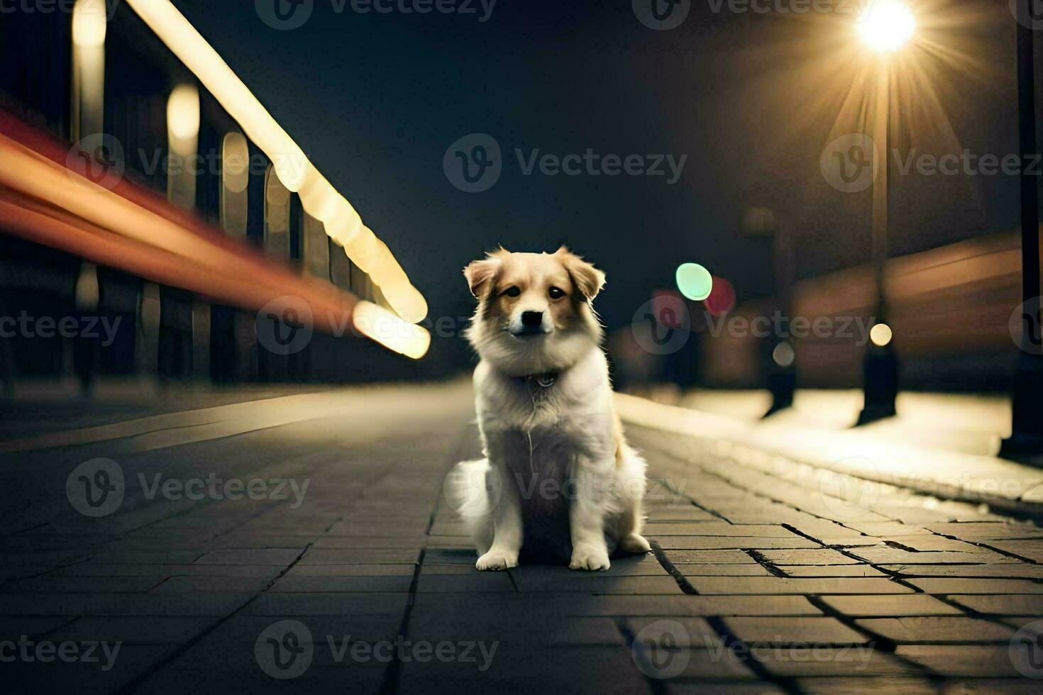 a dog sitting on the street at night. AI-Generated photo