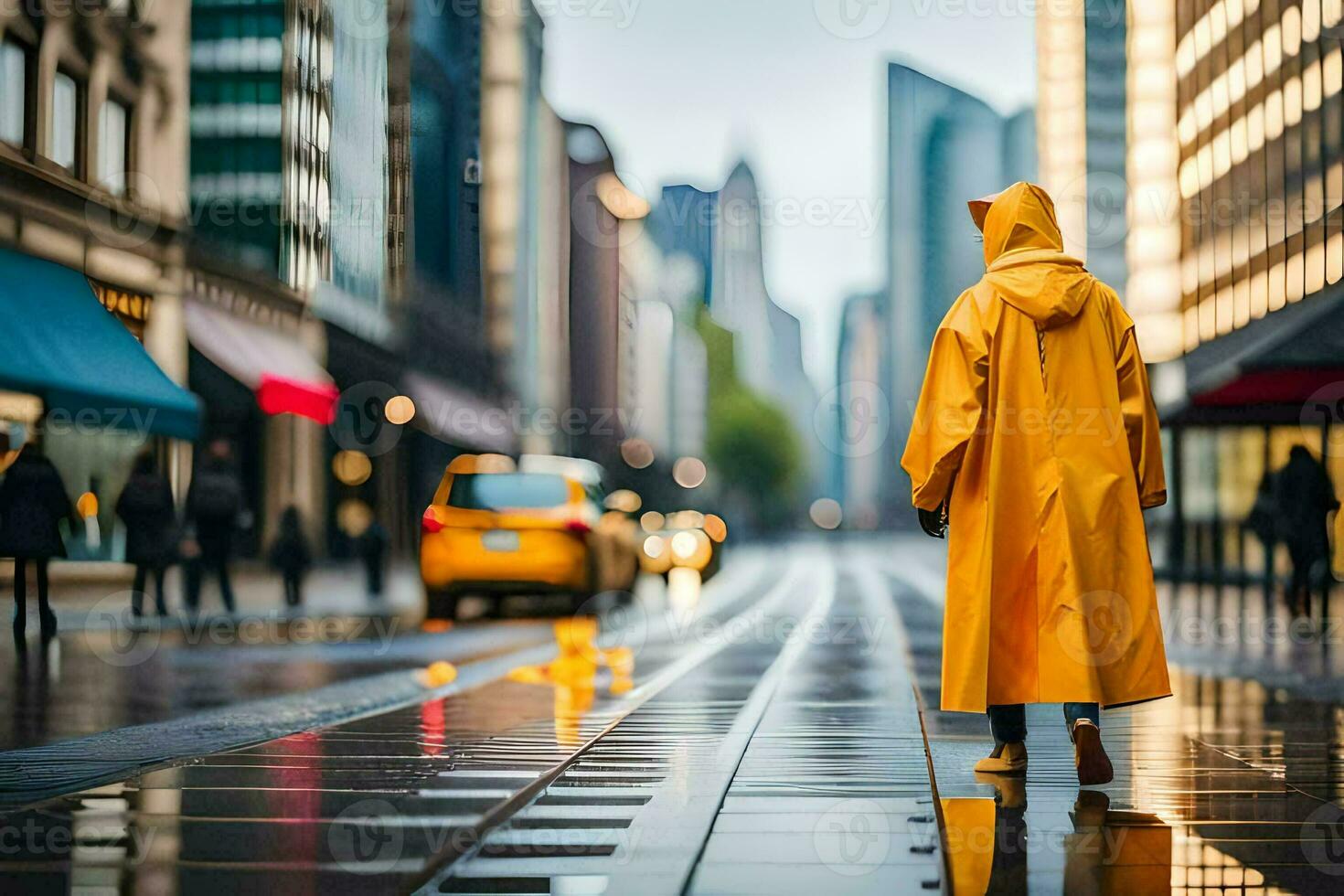 a person in a yellow raincoat standing on a wet street. AI-Generated photo