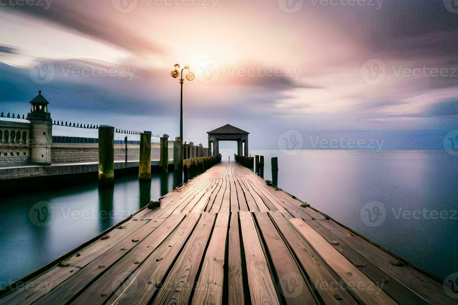 a long exposure photo of a pier at sunset. AI-Generated