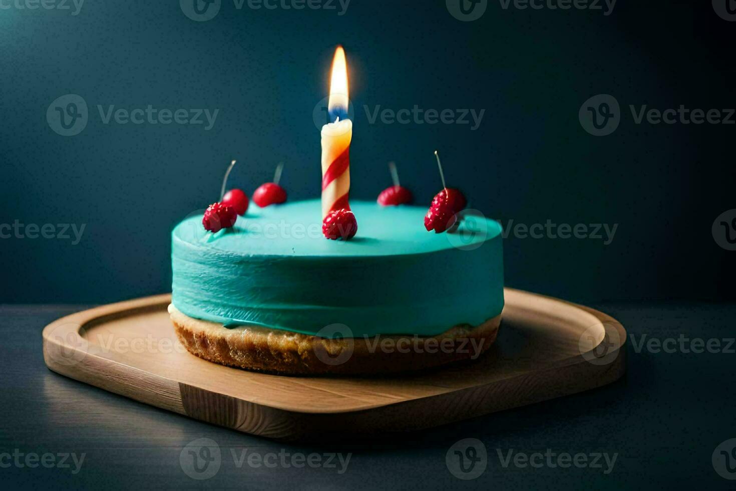 blue birthday cake with a single candle. AI-Generated photo
