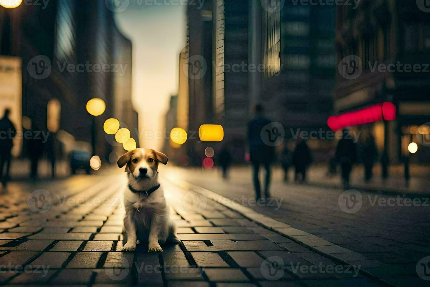 a dog sitting on the street in a city. AI-Generated photo