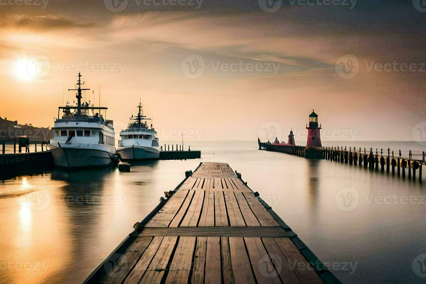 dos barcos atracado a el final de un muelle. generado por ai foto