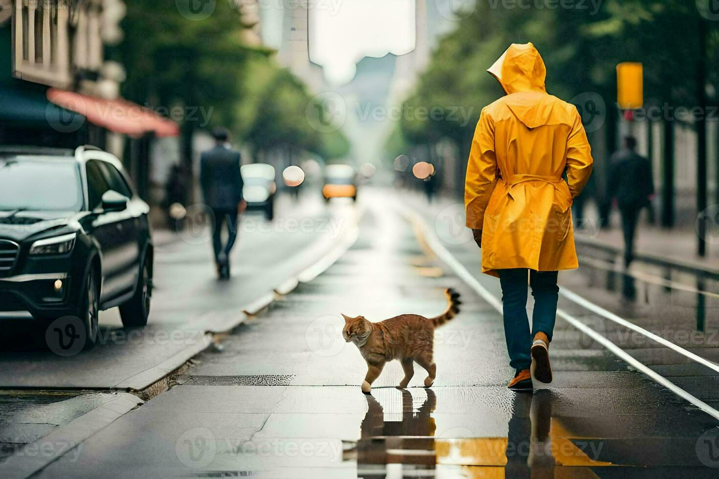 a woman in yellow raincoat walking with a cat on a rainy street. AI-Generated photo