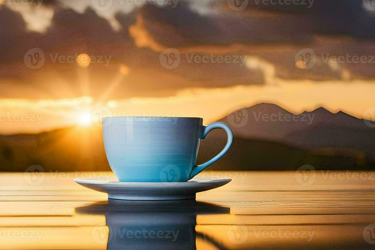 a cup of coffee on a table with the sun setting behind it. AI-Generated photo