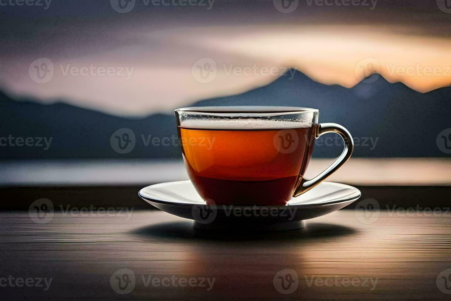 a cup of tea sits on a table in front of a mountain. AI-Generated photo