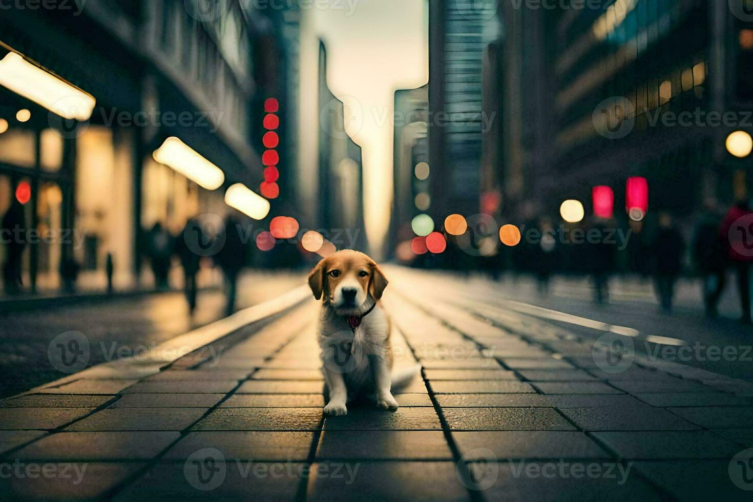 a dog sitting on the street in a city. AI-Generated photo