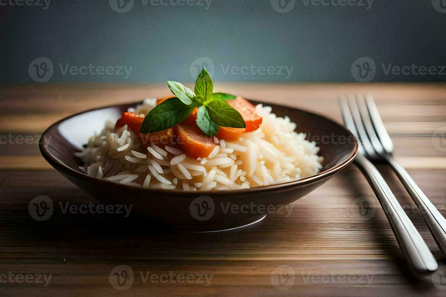 a bowl of rice with carrots and mint on a wooden table. AI-Generated photo