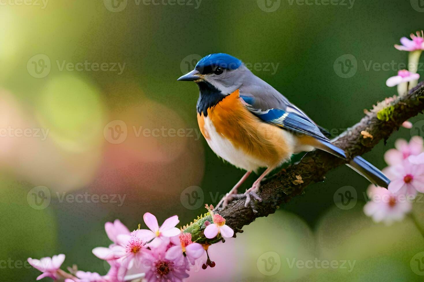 a blue and orange bird sits on a branch with pink flowers. AI-Generated photo