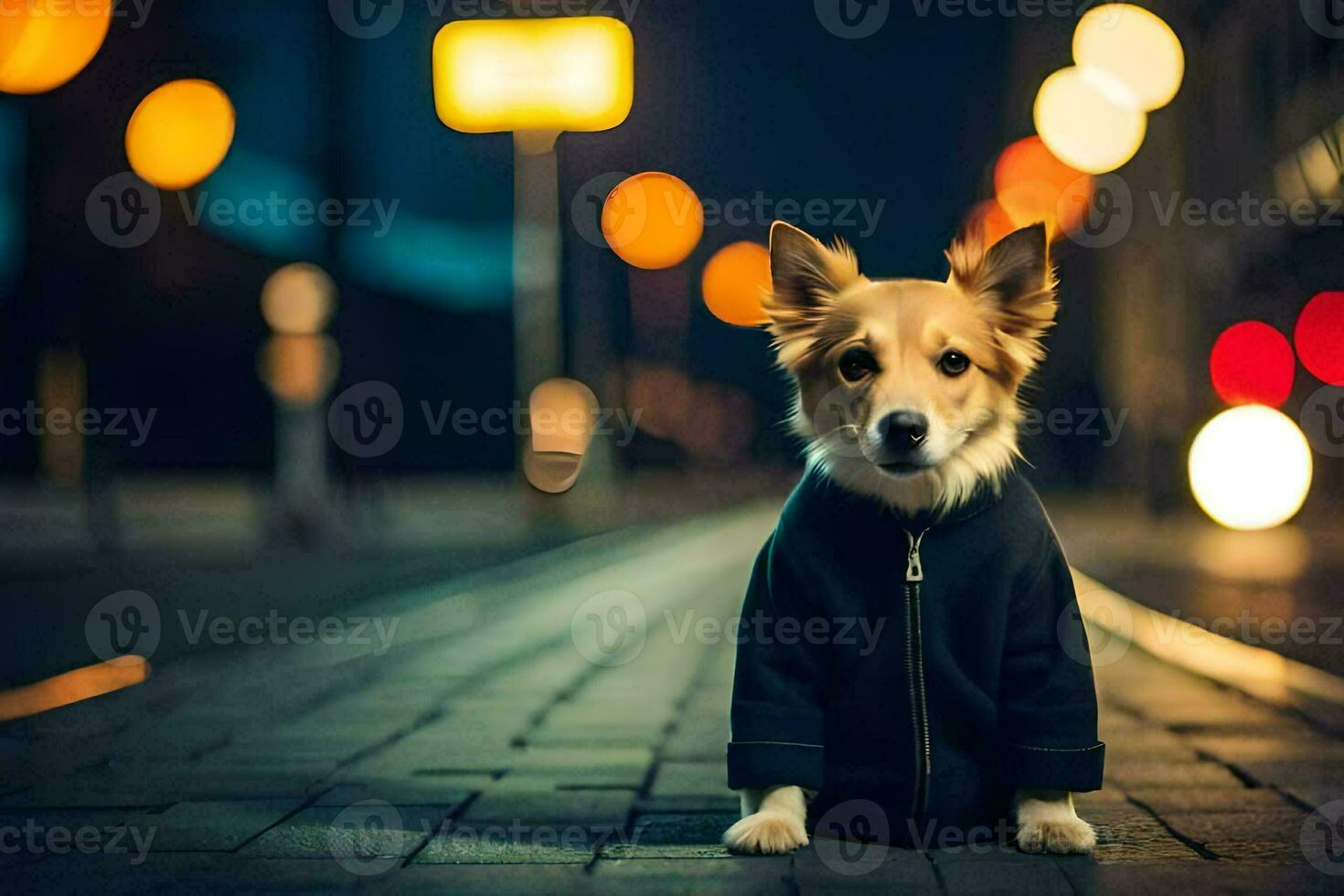 a dog wearing a jacket on the street at night. AI-Generated photo