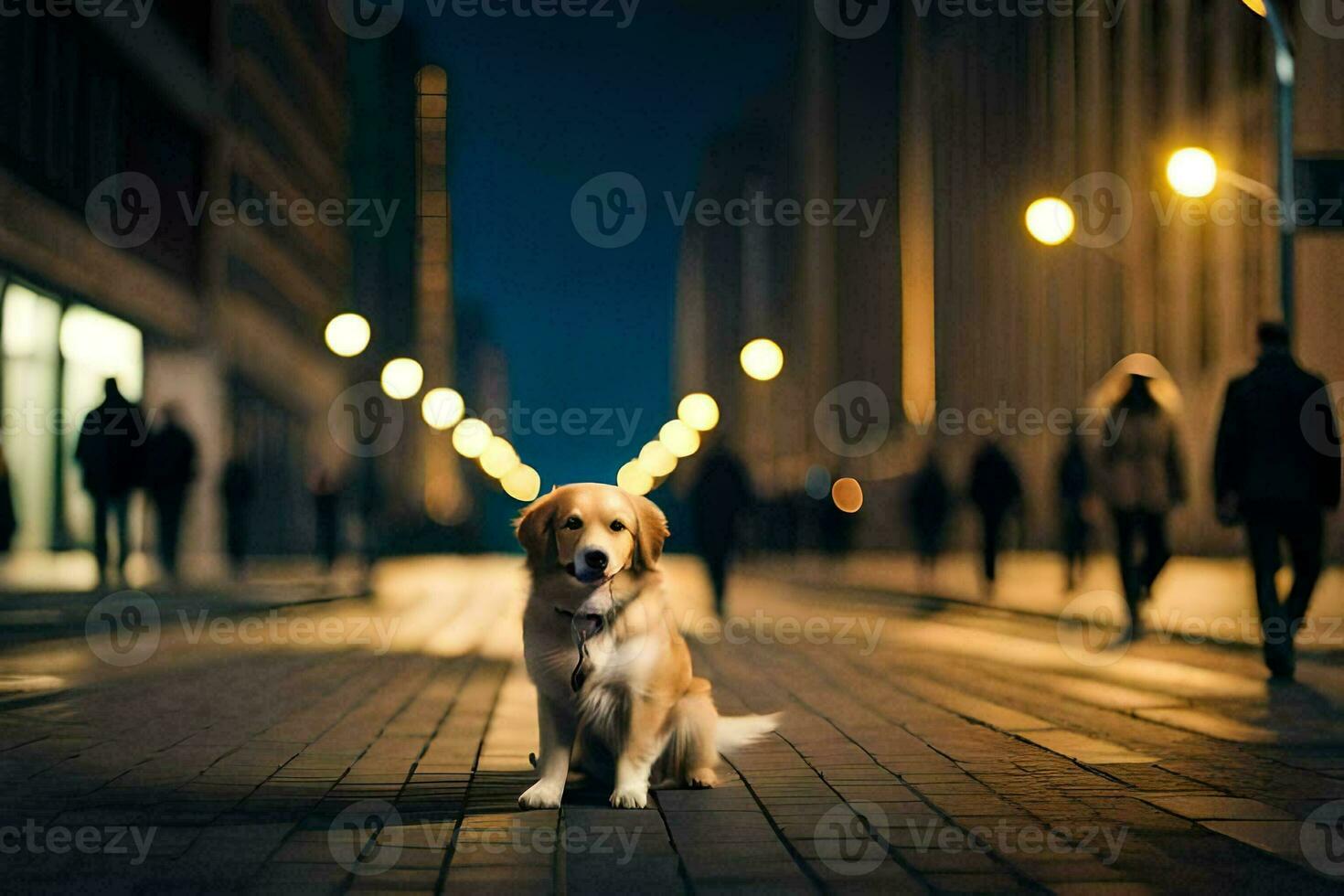 a dog sitting on the street at night. AI-Generated photo