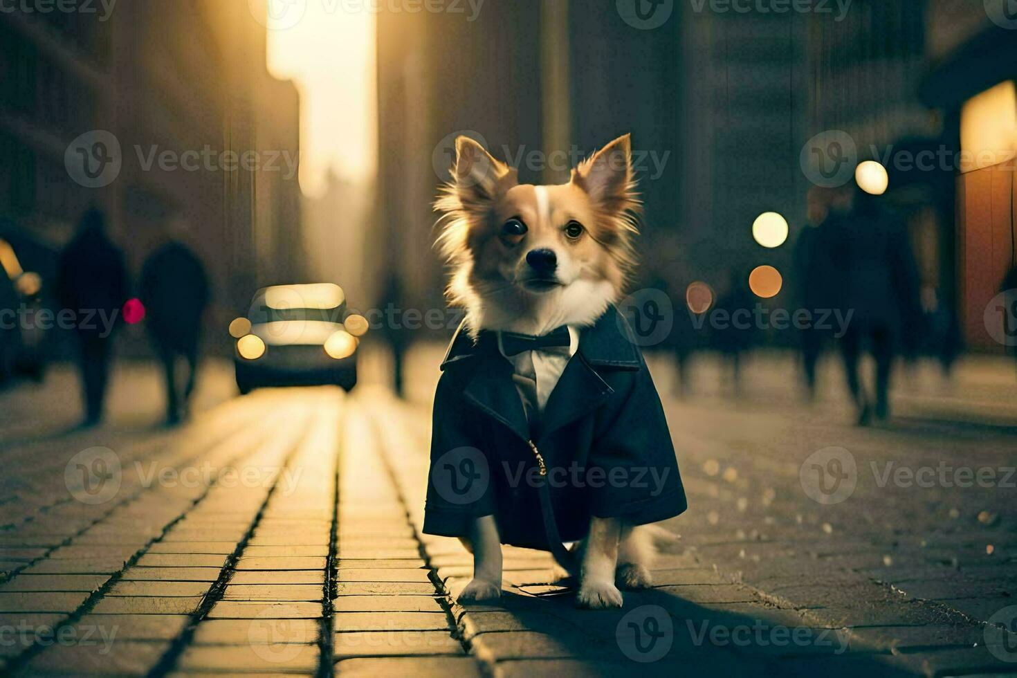 un perro vistiendo un chaqueta y Corbata en pie en un calle. generado por ai foto