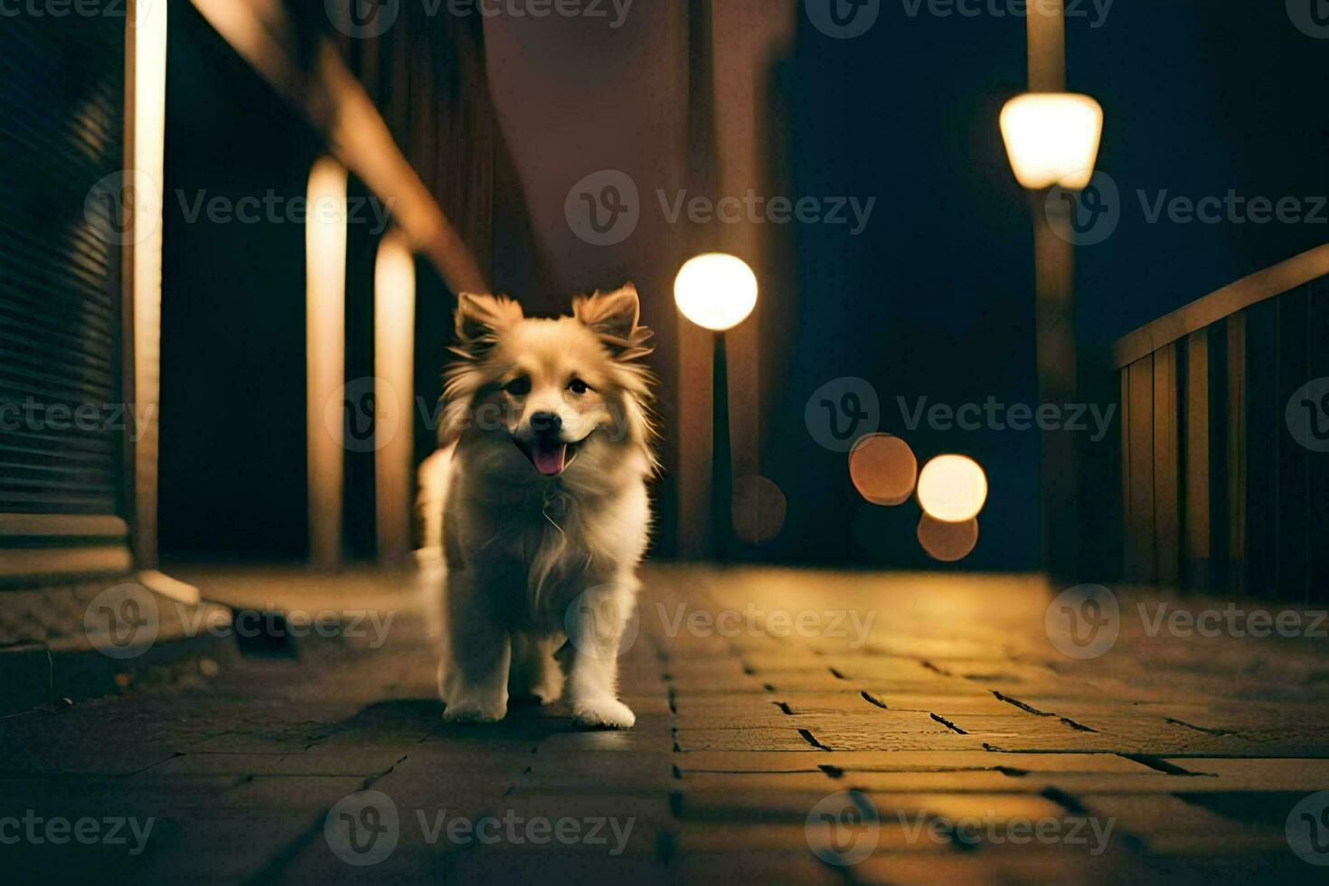 a dog walking on a street at night. AI-Generated photo