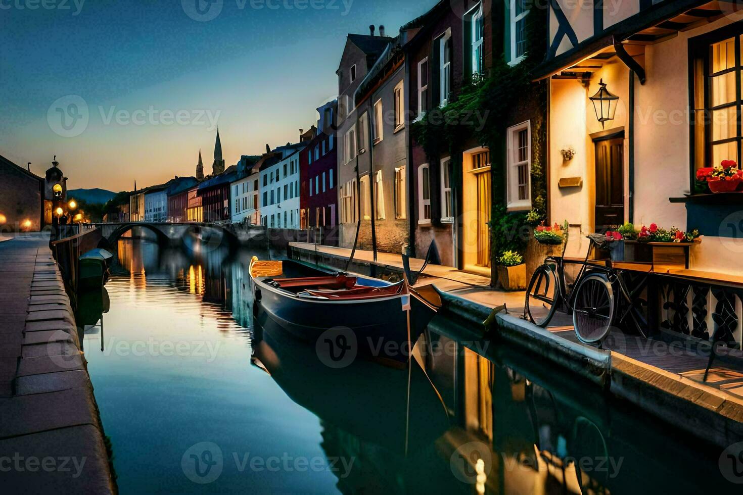 a boat is docked in a canal at dusk. AI-Generated photo