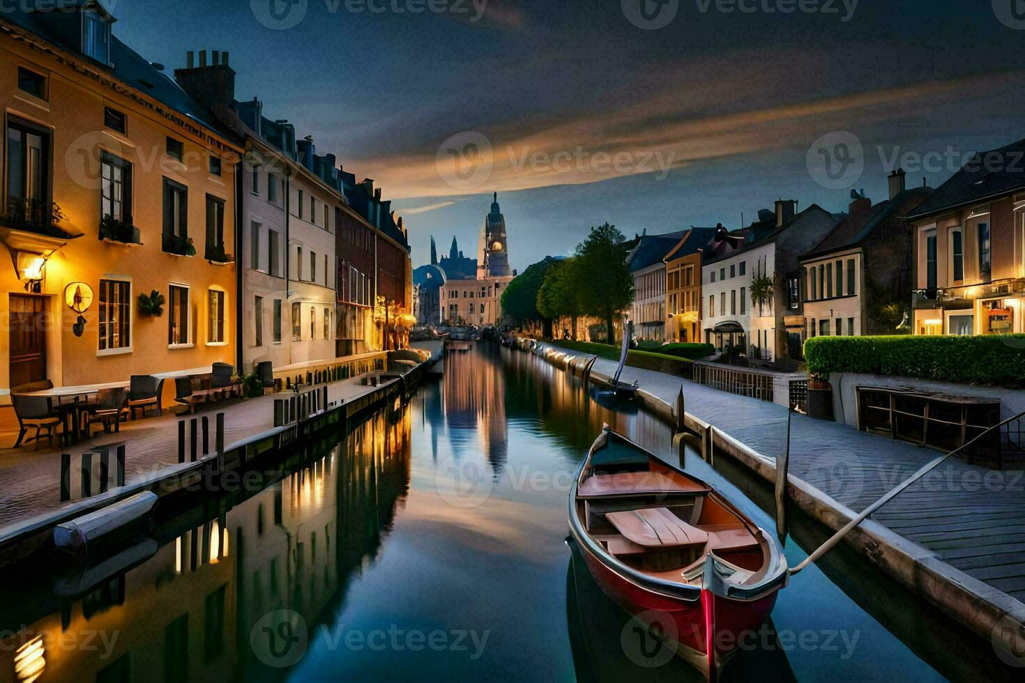 a boat is docked in a canal at dusk. AI-Generated photo