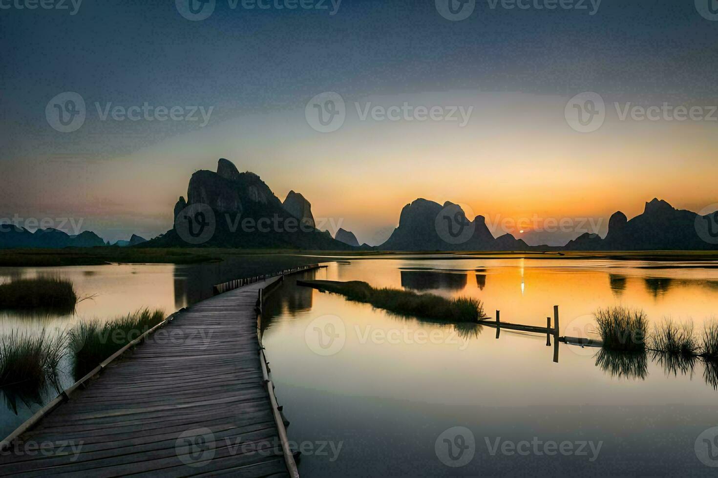 a wooden boardwalk leads to the water at sunset. AI-Generated photo