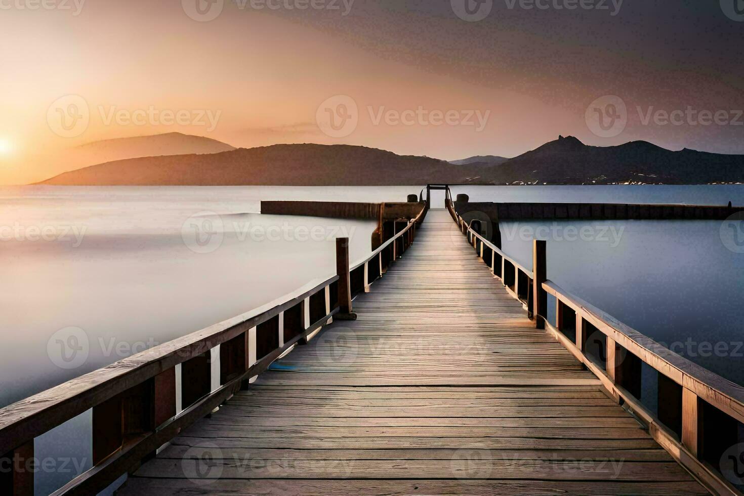 a wooden pier stretches out into the ocean at sunset. AI-Generated photo