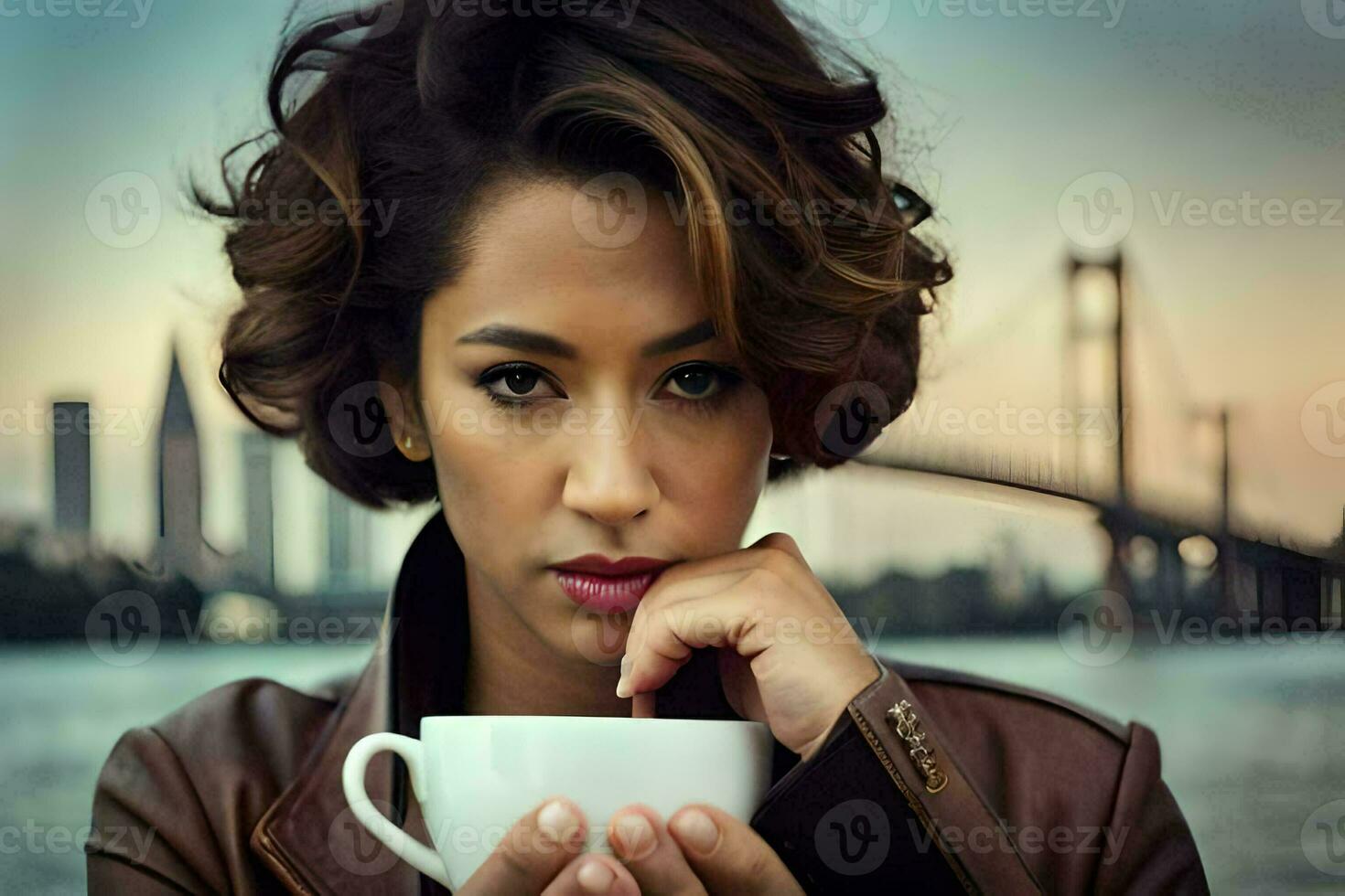 a woman holding a cup of coffee in front of a bridge. AI-Generated photo