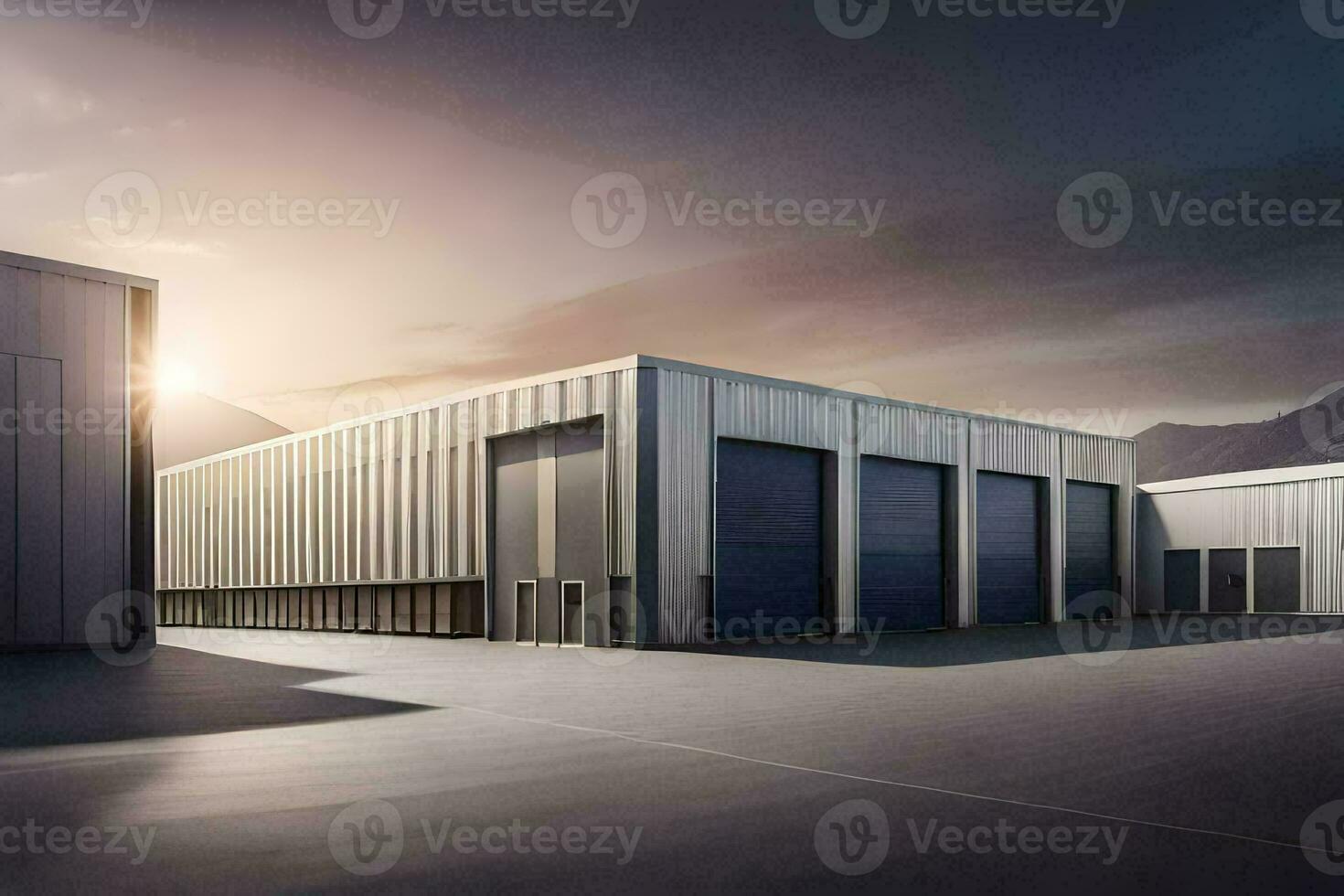 a large warehouse building with a sun setting behind it. AI-Generated photo