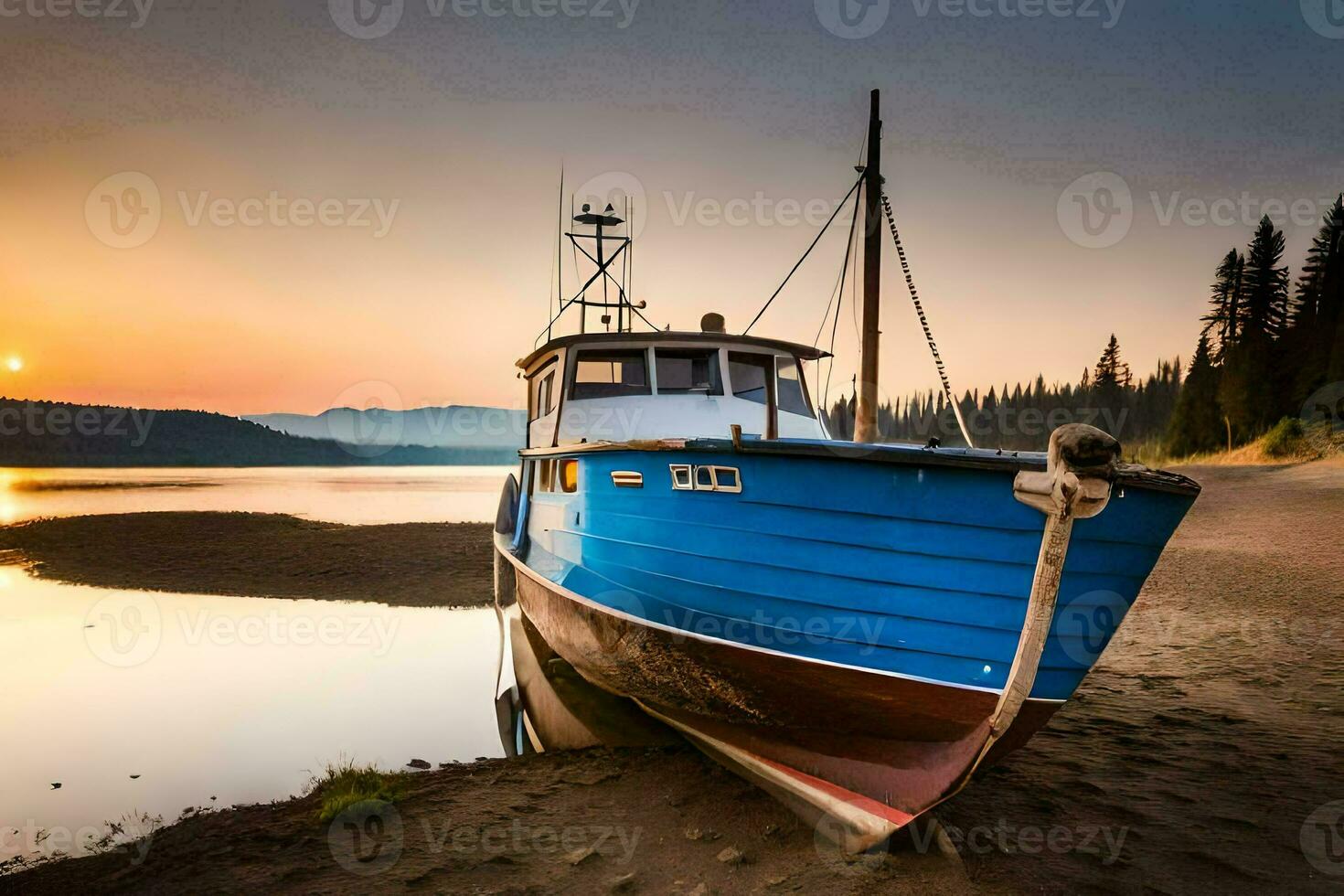 a boat sits on the shore of a lake at sunset. AI-Generated photo