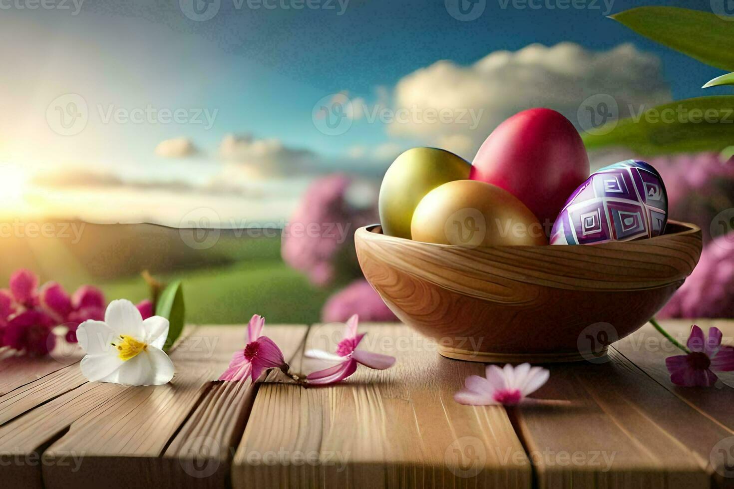 easter eggs in a bowl on a table. AI-Generated photo