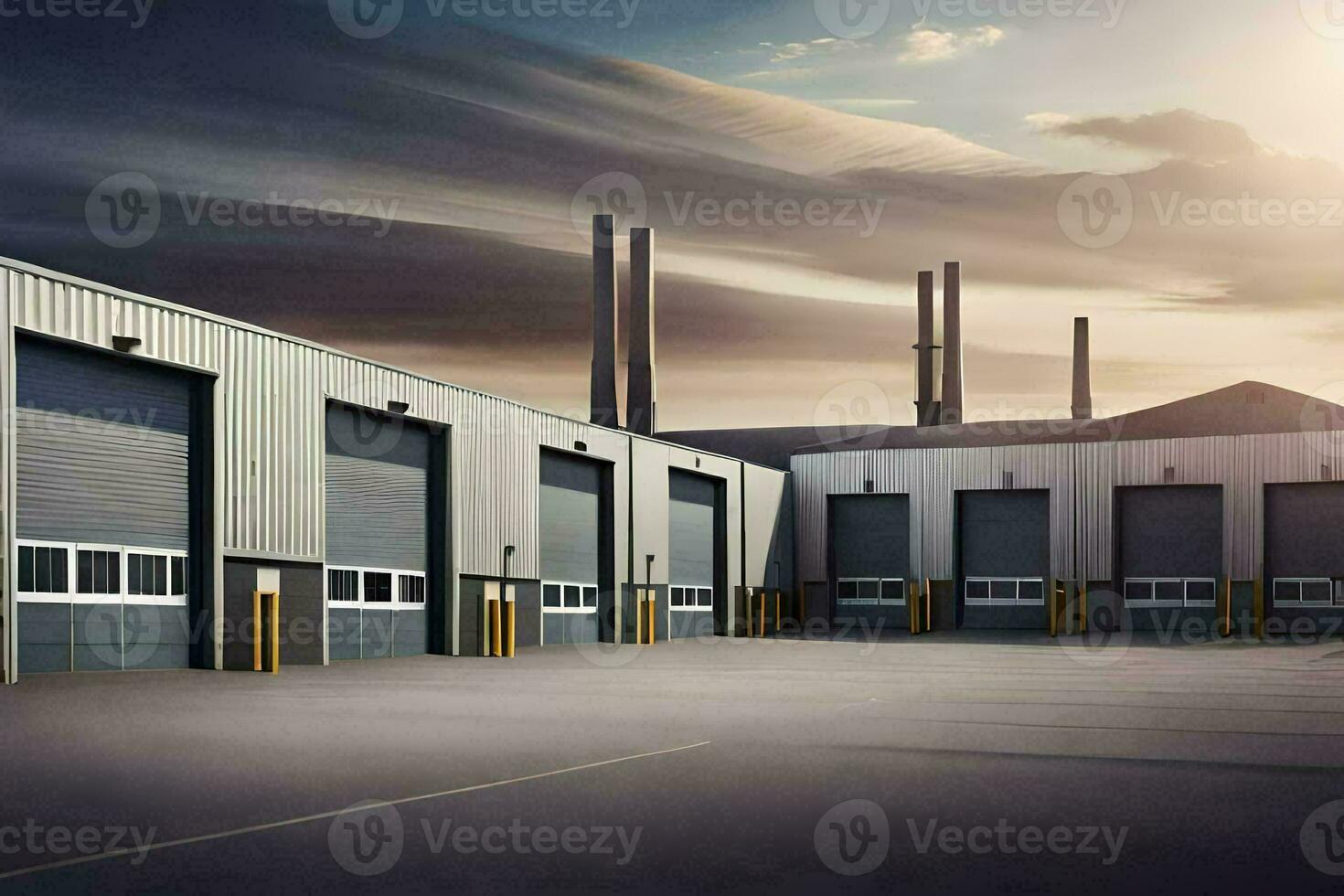 a large industrial warehouse with two large doors. AI-Generated photo