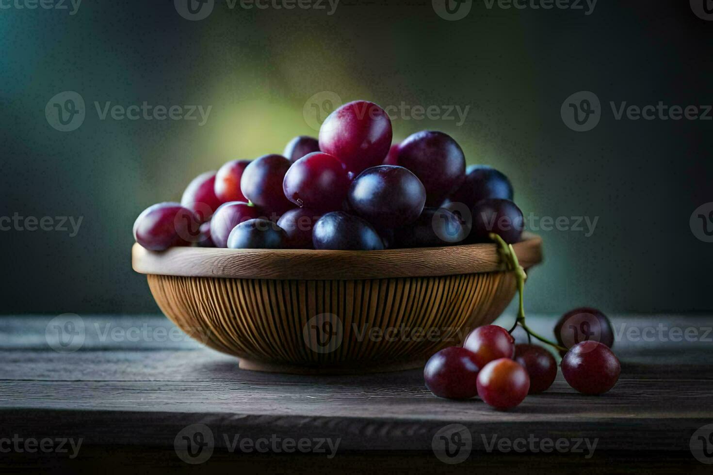 grapes in a bowl on a wooden table. AI-Generated photo