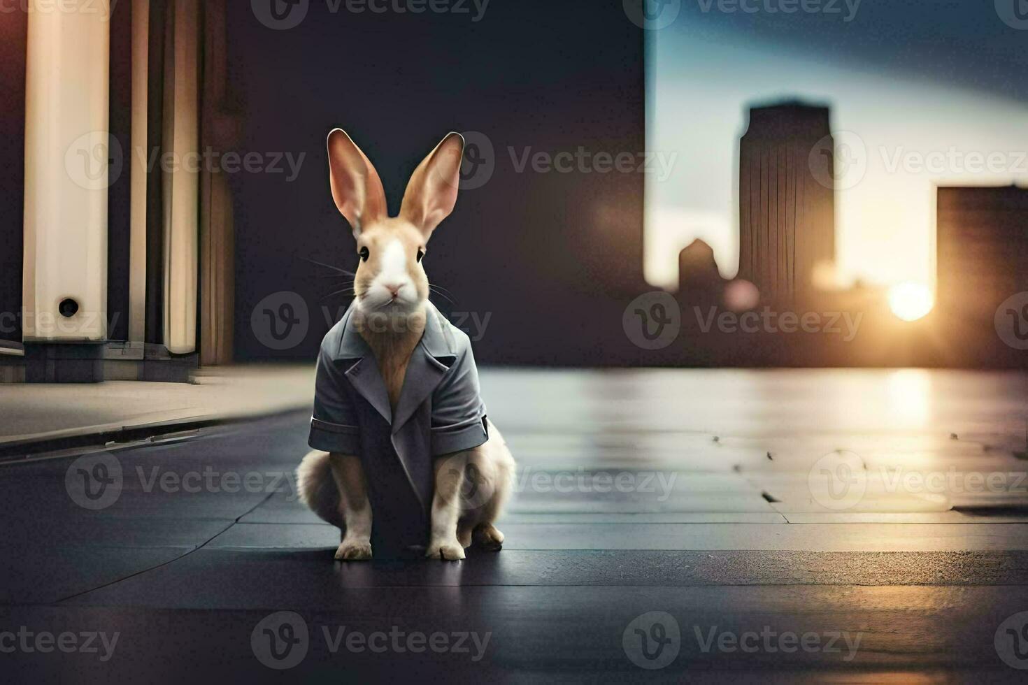 un Conejo vistiendo un traje y Corbata sentado en un techo. generado por ai foto